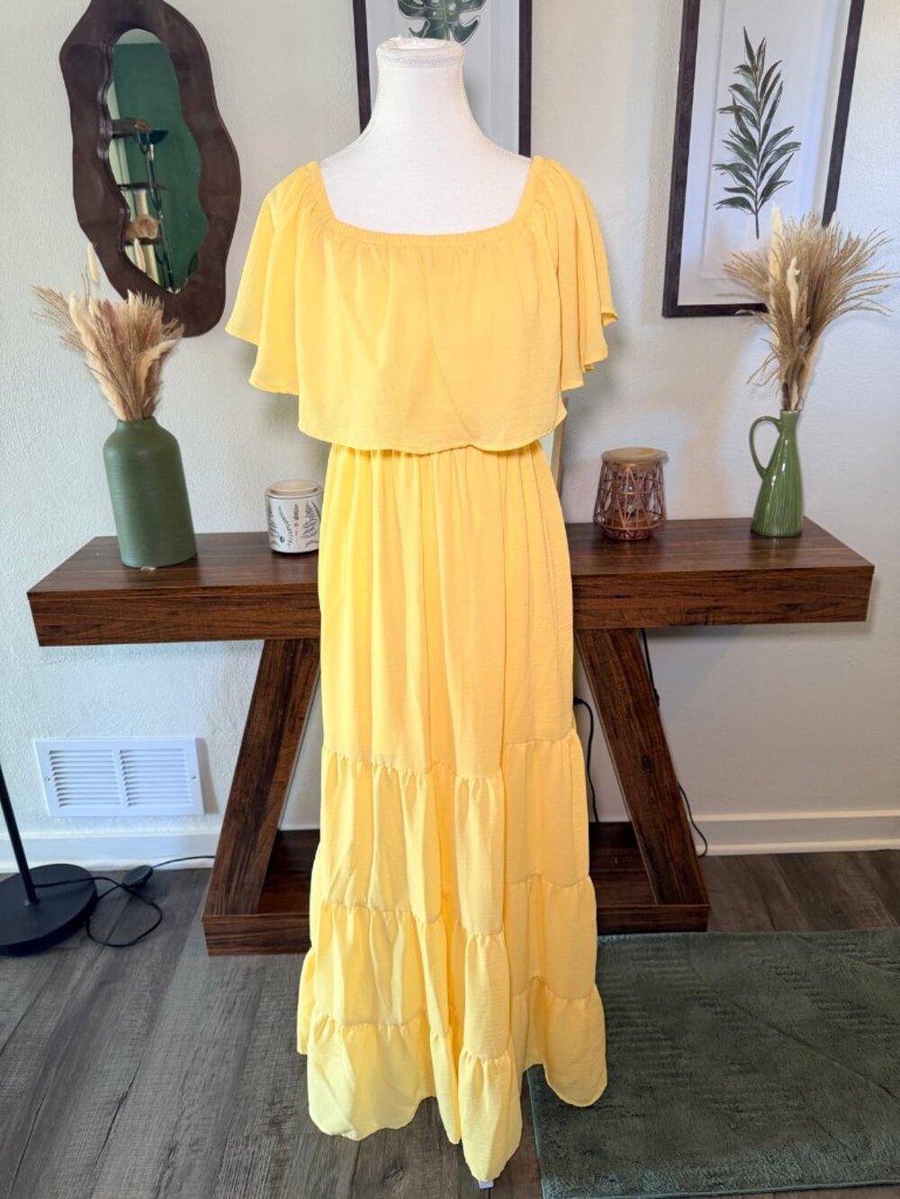 Venus Yellow Off Shoulder Ruffle Tiered Stretch Maxi Dress Size 8